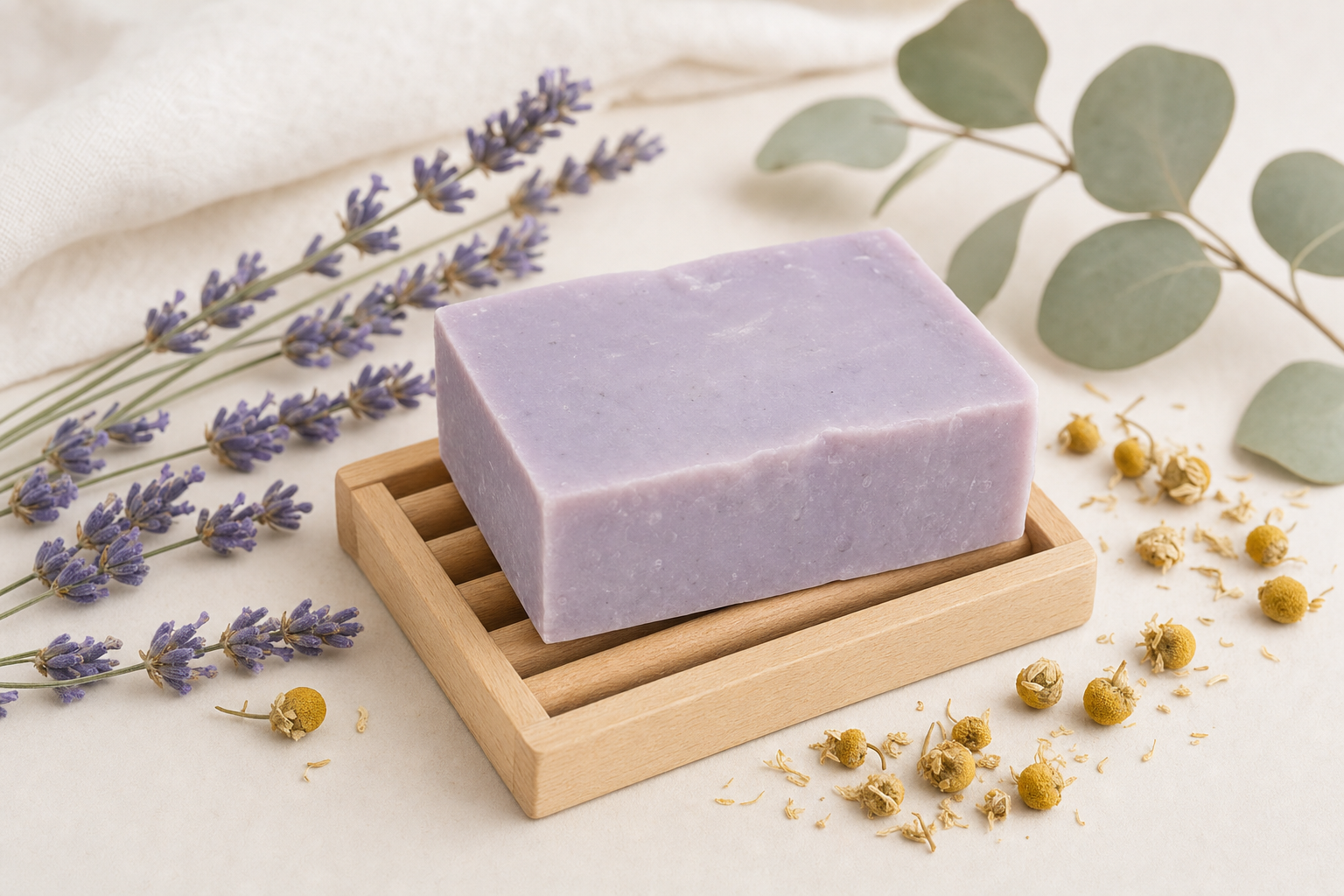 A bar of lavender and chamomile soap resting on a wooden dish, surrounded by dried lavender and chamomile