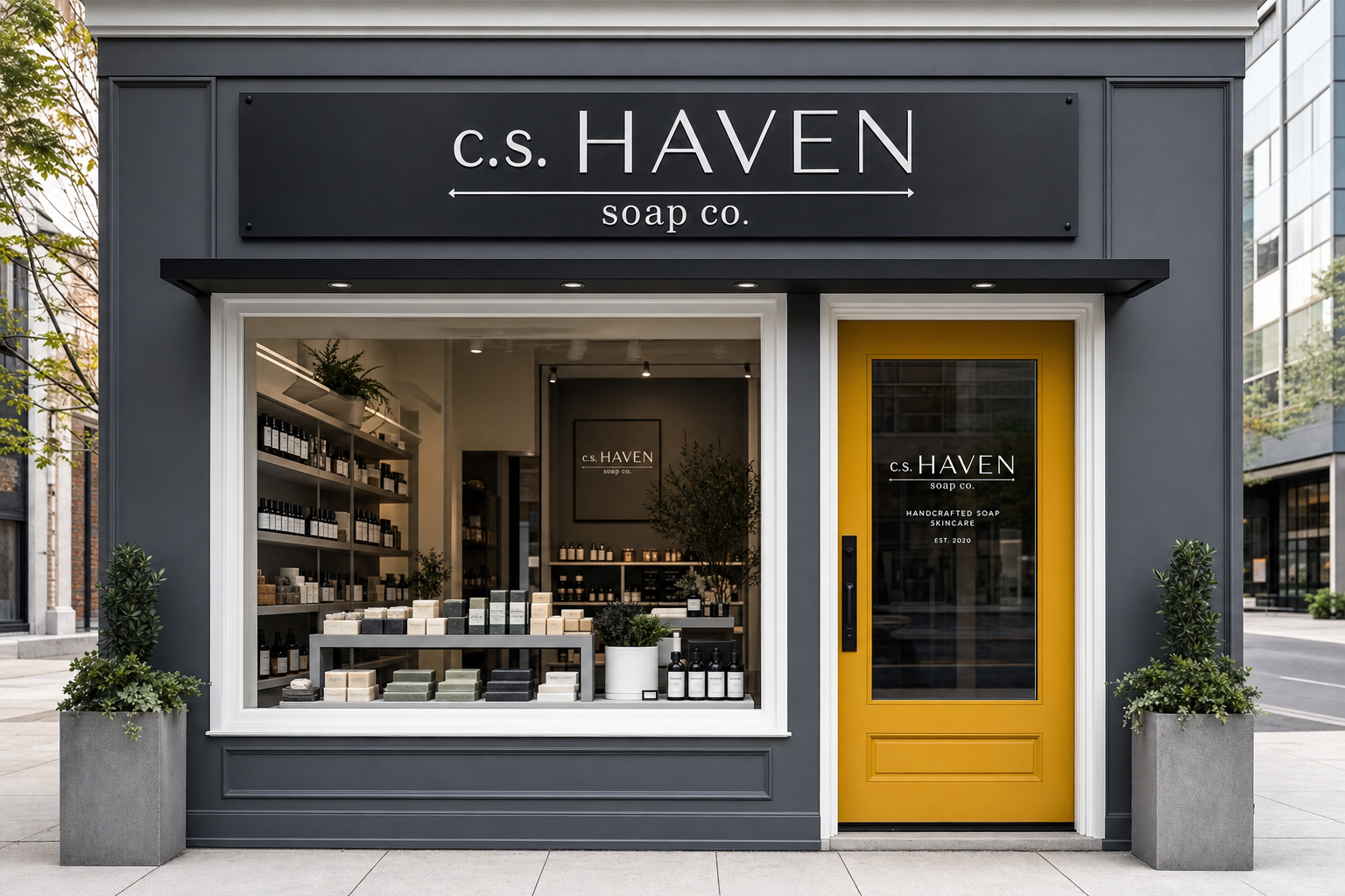 C.S. Haven Co. storefront in New Haven, a charcoal-grey facade with a mustard yellow door